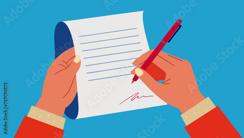 A closeup image of a senior citizens hands holding a freshly printed will with a red ink pen ready to sign their name at the bottom.