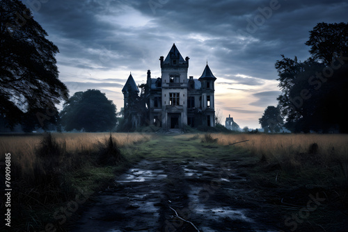 Gothic Architecture's Haunted Mansion: A Spine-Chilling Render of a Formerly Grand, Now Derelict House