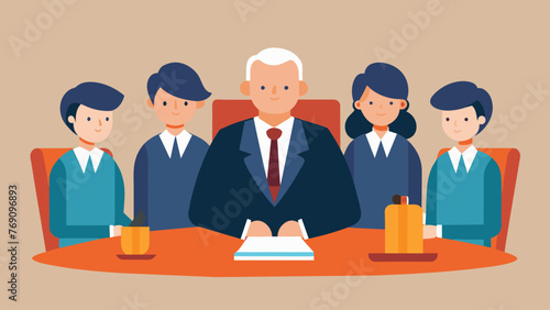 A photograph of a group of individuals sitting at a table with one person in the middle wearing a suit and representing them in a legal matter.