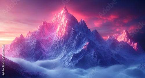 3d render of abstract art 3d background surreal landscape with big fantasy magic mountains with neon glowing blue purple and red gradient color light inside photo