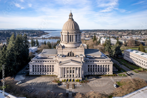 Aerial view overlooking the Washington State capitol.