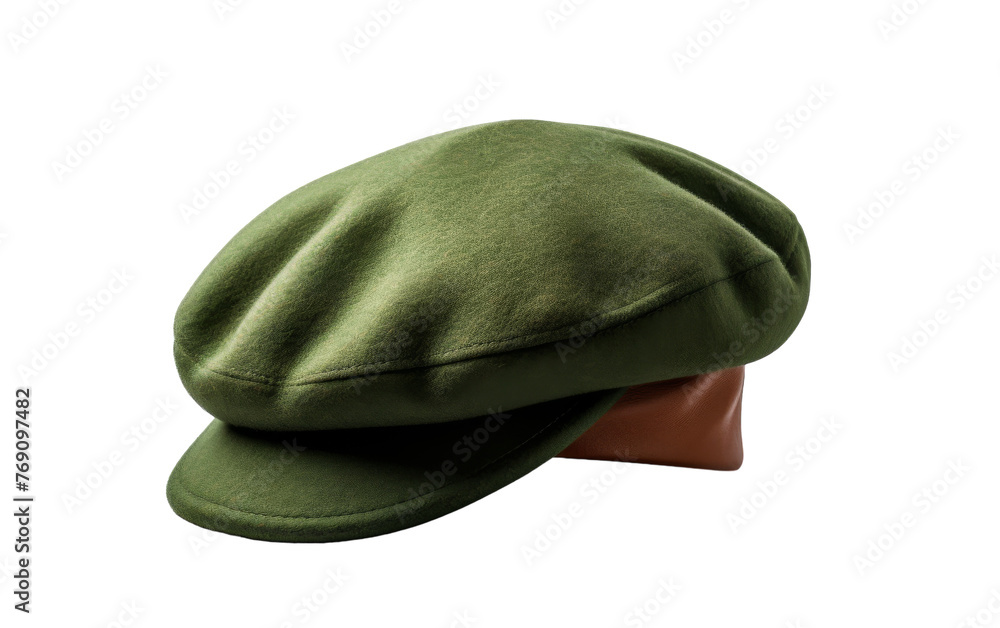 A vibrant green hat rests atop a rustic wooden stand A vibrant green hat rests atop a rustic wooden stand