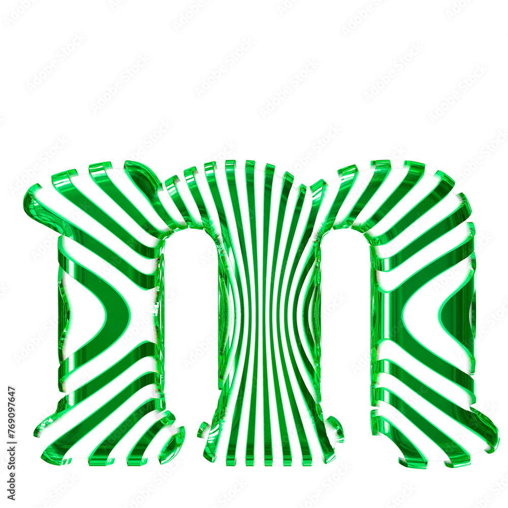 White symbol with green vertical ultra-thin straps. letter m White symbol with green vertical ultra-thin straps. letter m
