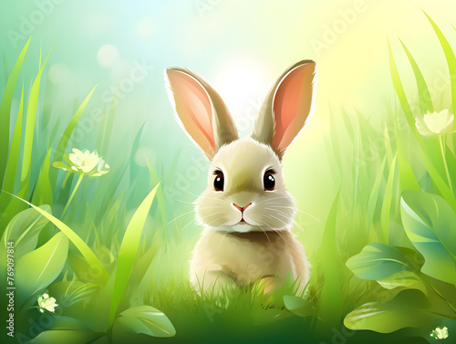 A cute bunny sitting in green grass