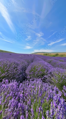 Endless rows of lavender under a dramatic sky  inviting a sense of wonder with their rich color and texture.