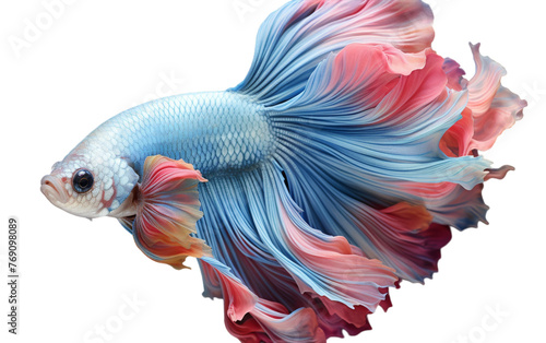 A vibrant blue and red fish with a long tail swimming gracefully in the ocean depths