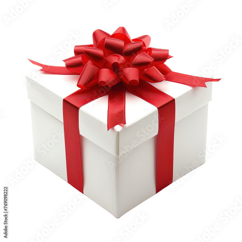 White gift box with red bow isolated on white or transparent background