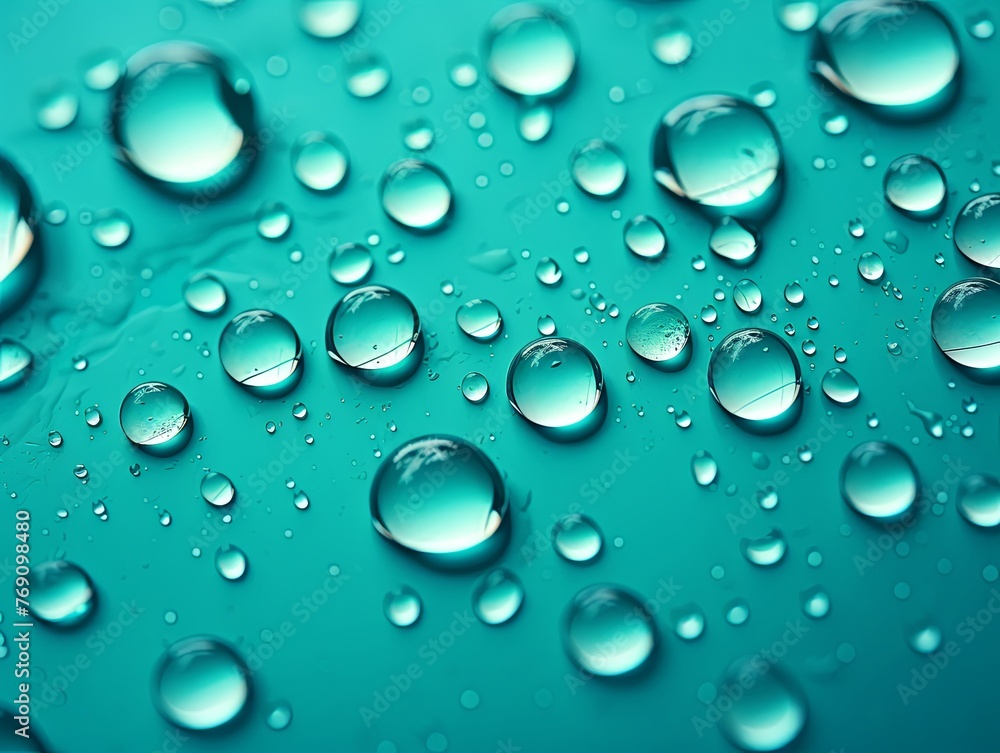 water droplets on all turquoise matte background with copy space and blank pattern for text or photo backgrdrop