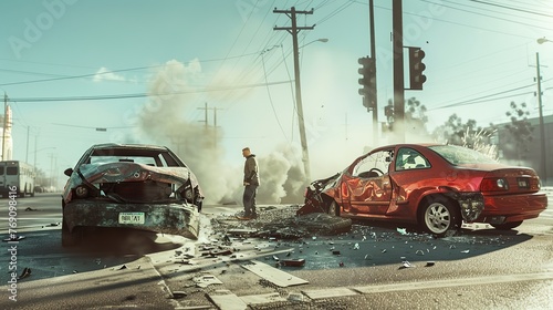 Two cars have crashed wrecked into each other at intersection with very upset man driver looking at the severe damage with wrong way sign in background.