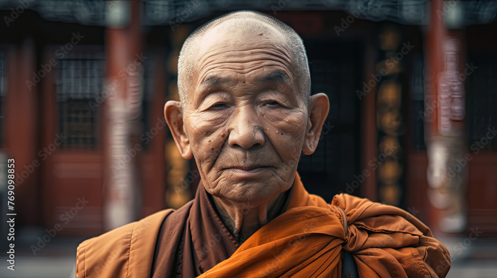 Portrait of an Elderly Buddhist Monk in Front of a Temple