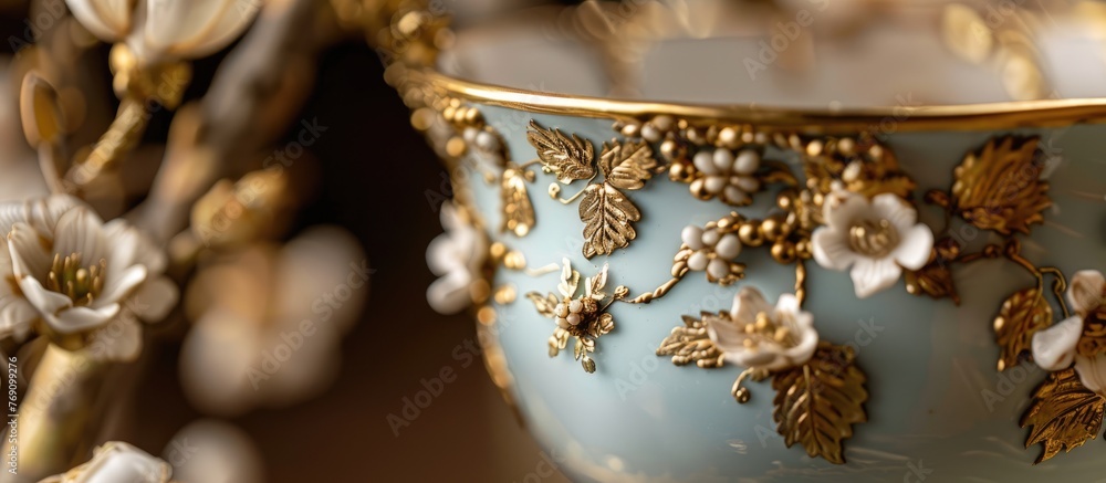 Close-up of an antique porcelain cup adorned with gold detailing. Close-up of an antique porcelain cup adorned with gold detailing.