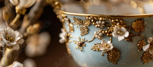 Close-up of an antique porcelain cup adorned with gold detailing.