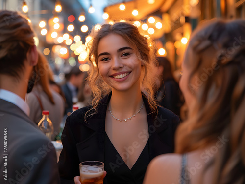 Young woman with a drink  smiling at an outdoor evening gathering. Social event and nightlife concept. Design for event flyer  social media advertisement