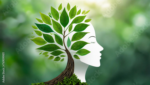 Human head silhouette with green leaves as a symbol of environmental protection. World environment day and nature conservation day concept
