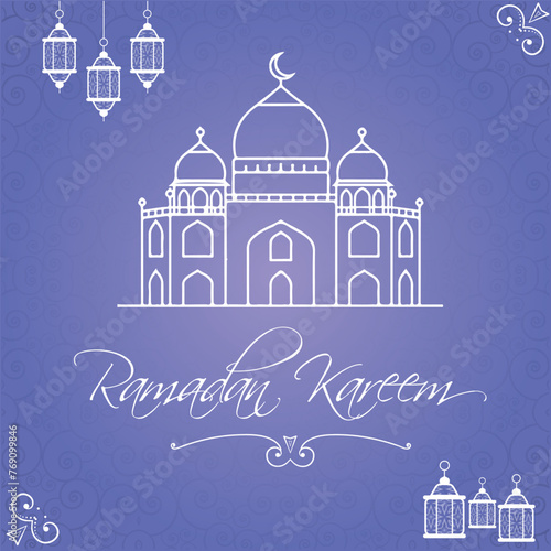 Blue color Ramadan Kareem vector illustration. Ramadan Kareem Greeting card with arabic arabesque pattern. Holy month of muslim. Symbol of Islam. Applique Design. Editable. EPS 10