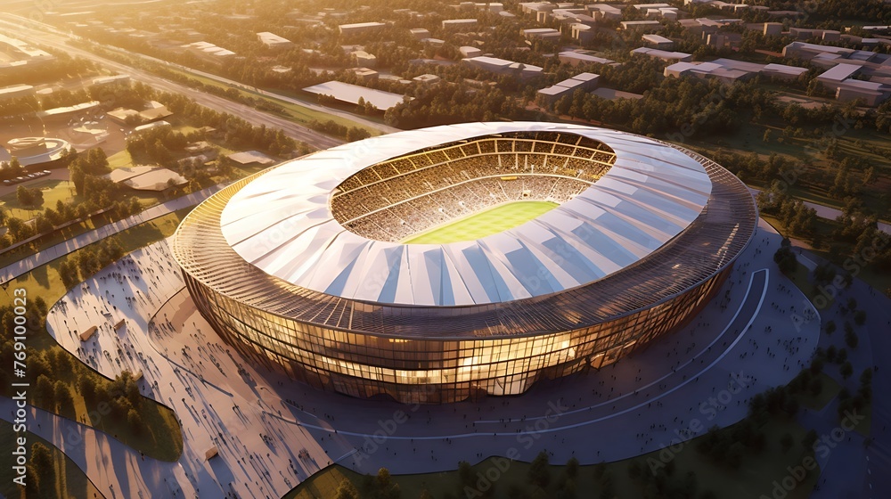 an aerial perspective of a soccer stadium that exemplifies safety measures, accessibility features,