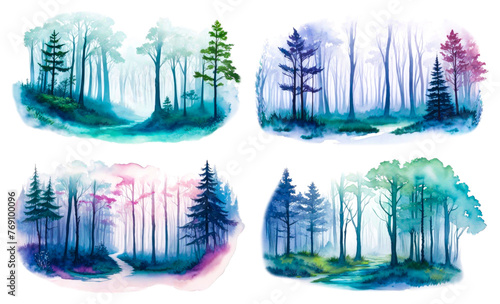 Spring forest watercolor - Collection. Forest landscape isolated on white background. Hand painted watercolor illustration of misty forest. Spring or summer decoration