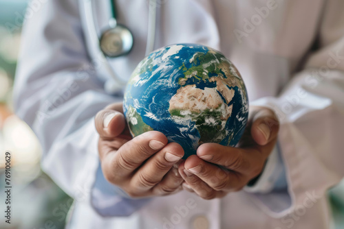 Realistic photo of a doctor holding planet Earth. Symbolizes global healthcare, environmental awareness, and medical expertise. Ideal for scientific publications, sustainability campaigns