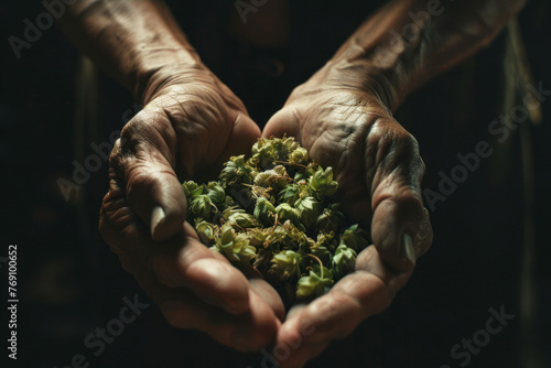 Captivating close-up of an Asian master delicately cradling a Saaz hops drop in cinematic lighting against a black background. Ideal for brewery promotions, beer enthusiasts, and advertising campaigns