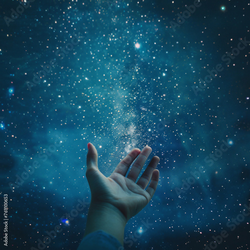 Symbolic photo of a hand reaching for stars against a starry night sky, symbolizing professional growth. Ideal for career development materials, motivational posters, and educational presentations