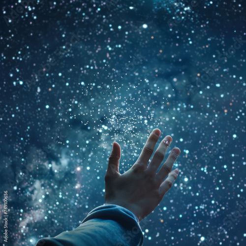 Captivating image of a hand reaching towards stars in a starry night, symbolizing professional aspirations. Perfect for career coaching materials, motivational content, and self-help articles