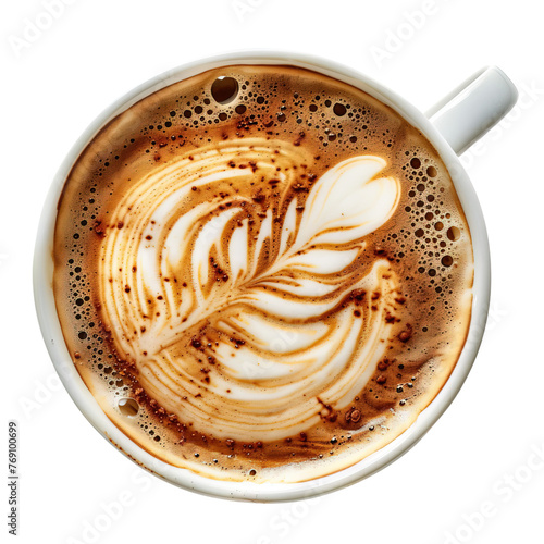 Top view of hot coffee cappuccino spiral milk foam isolated on white or transparent background