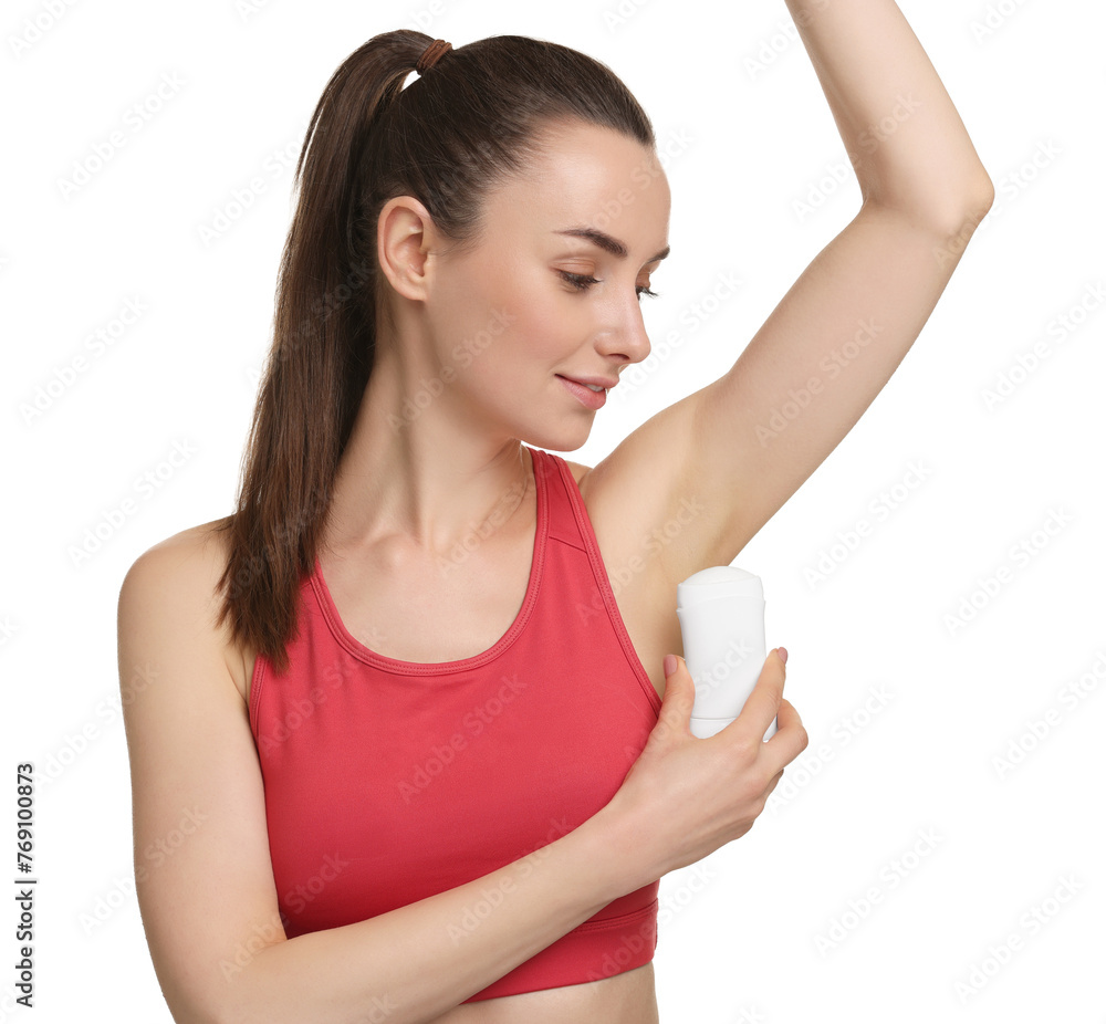 Beautiful woman applying deodorant on white background Beautiful woman applying deodorant on white background