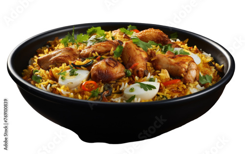A black bowl filled with steaming white rice, topped with tender pieces of savory chicken