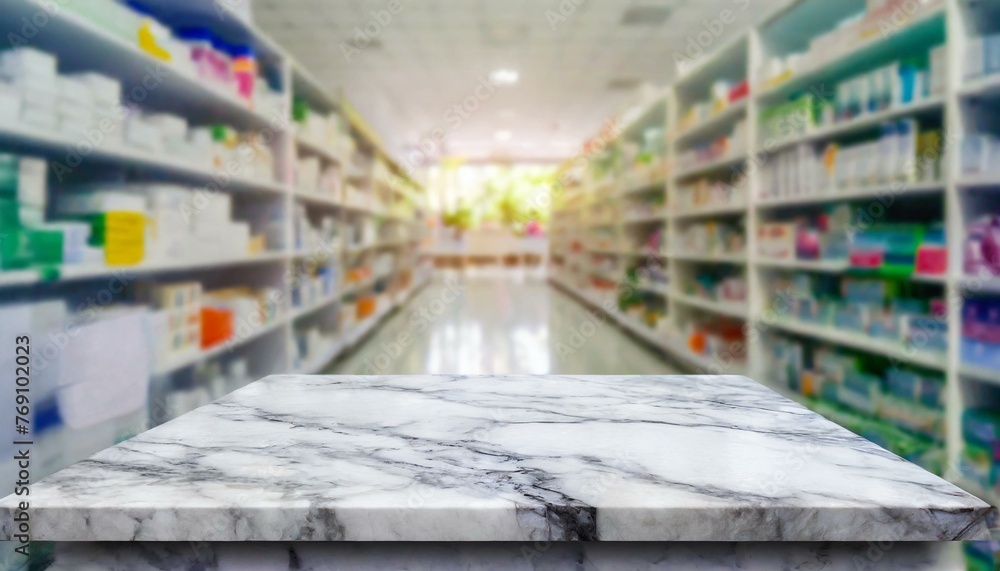 Clinical Chic: White Marble Counter Against Pharmacy Shelves Blur