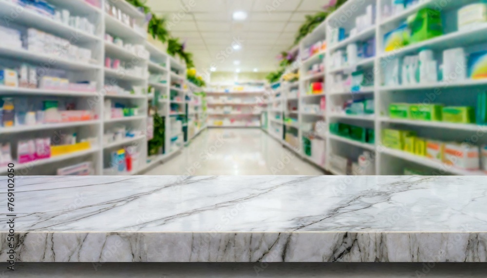 Contemporary Apothecary Ambiance: Empty Marble Countertop Against Pharmacy Shelves
