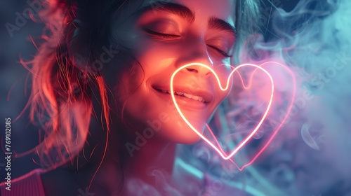 Radiant Woman with Neon Heart Light, Glowing Colors and Smoky Ambiance Illuminate Her Blissful Expression. Ideal for Love Themes and Tech Concepts. AI