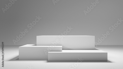 white abstract studio stage podium background forms - product placement display white steps with spotlight and gray background, table stage for products and design geometrical forms white background