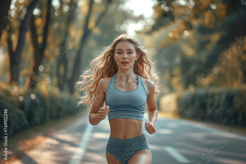 Blonde slender girl athlete jogging in the park. An athletic, cheerful girl with a good figure runs in a sports top and shorts in sunny weather