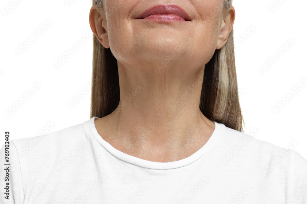 Mature woman with healthy skin on white background, closeup Mature woman with healthy skin on white background, closeup