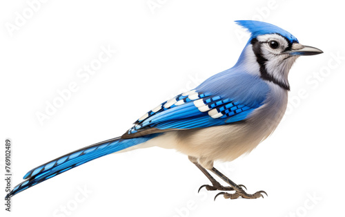 A majestic blue and white bird gracefully soars against a pure white background