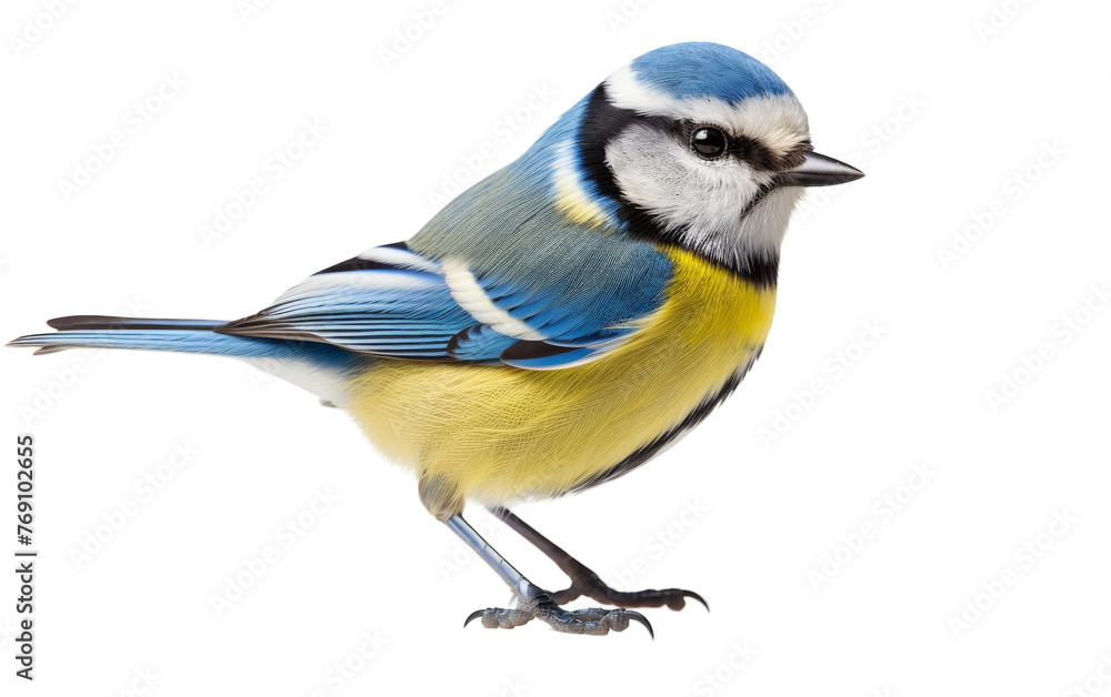 A striking blue and yellow bird perched gracefully on a clean white surface A striking blue and yellow bird perched gracefully on a clean white surface