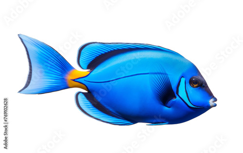 A vibrant blue fish swims gracefully with a striking yellow stripe on its side