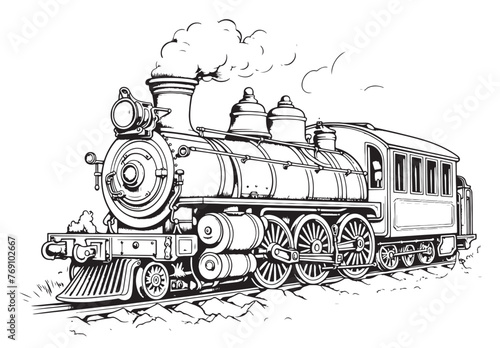 Moving retro steam locomotive. Vintage train emblem or symbol vector illustration