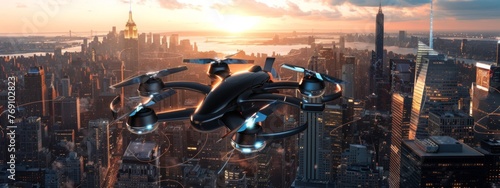 futuristic manned roto passenger drone flying in the sky over modern city for future air transportation and robotaxi concept as wide banner with copy space area - photo