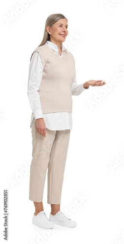 Full length portrait of senior woman on white background