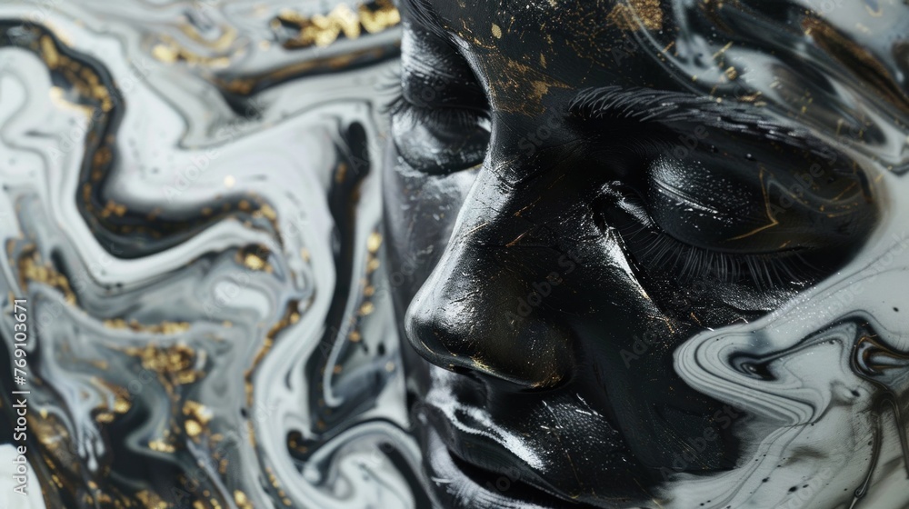 A close-up of a black and gold artistic mask submerged in a marbled paint design A close-up of a black and gold artistic mask submerged in a marbled paint design
