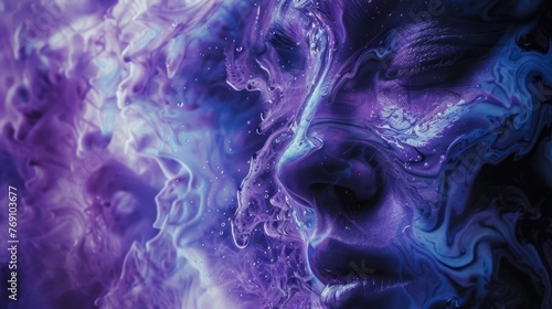 An abstract artwork featuring a fusion of human faces and fluid patterns in purple hues