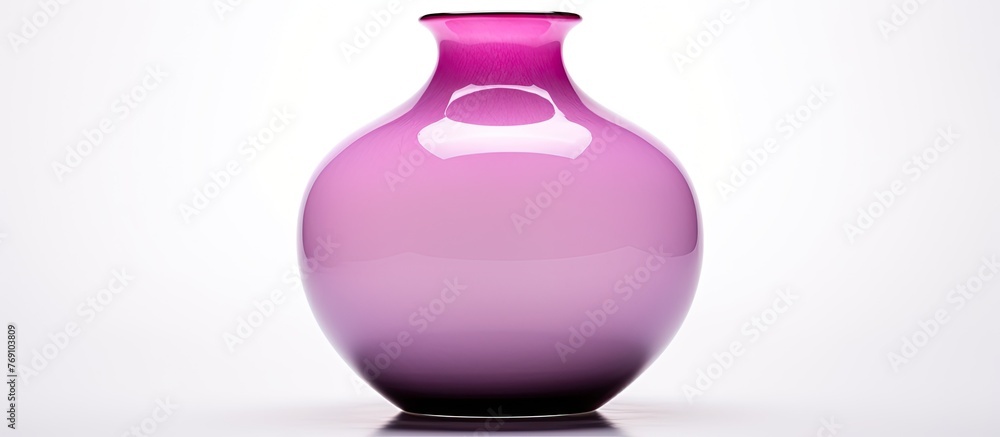 A striking purple glass vase is placed on a sleek black base, contrasting beautifully against a plain white background