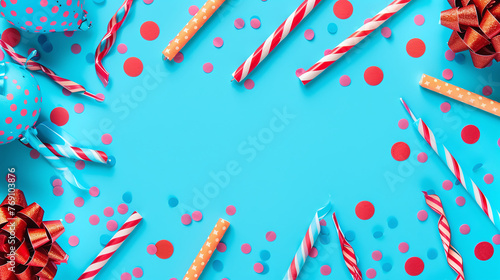 flat lay top view of birthday party decoration elements on light blue background photo