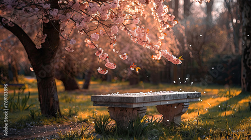 Bench Under a Cherry Blossom Tree in a Park at Sunset