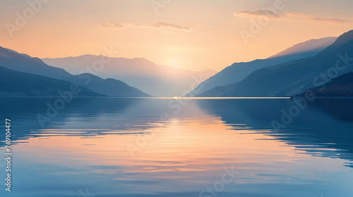 Tranquil Sunset Horizon Over Serene Lake and Silhouetted Mountains - A Peaceful Nature Escape © SITI