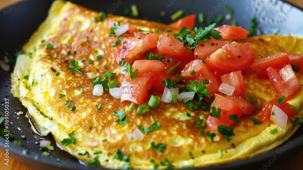 Omelette with Tomatoes, Onions, and Herbs in a Cast Iron Skillet