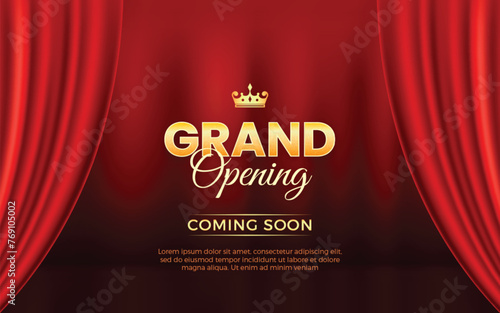 Realistic grand opening invitation banner with red curtains, golden elements and 3d editable text effect