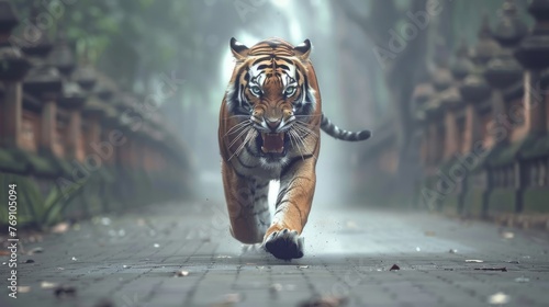  a tiger running down a street in front of a group of pagodas on either side of the road, with trees in the background.