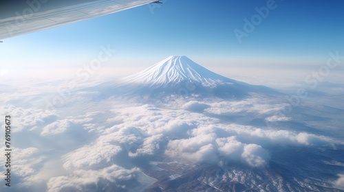 Scenic View  Fuji Mountain Seen from Airplane Window  